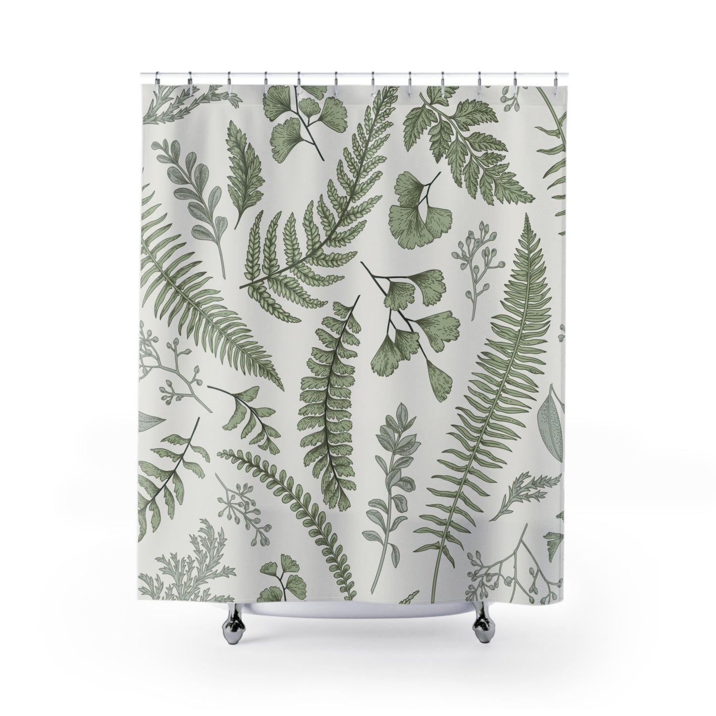 Green Fern and Ginkgo Leaf Pattern Shower Curtain | Botanical Bathroom Decor