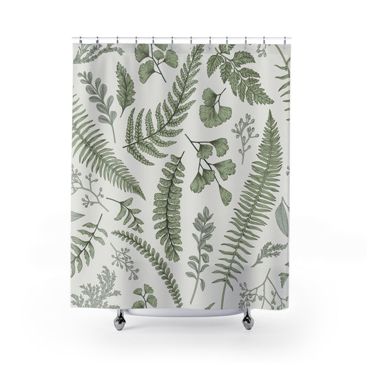 Green Fern and Ginkgo Leaf Pattern Shower Curtain | Botanical Bathroom Decor