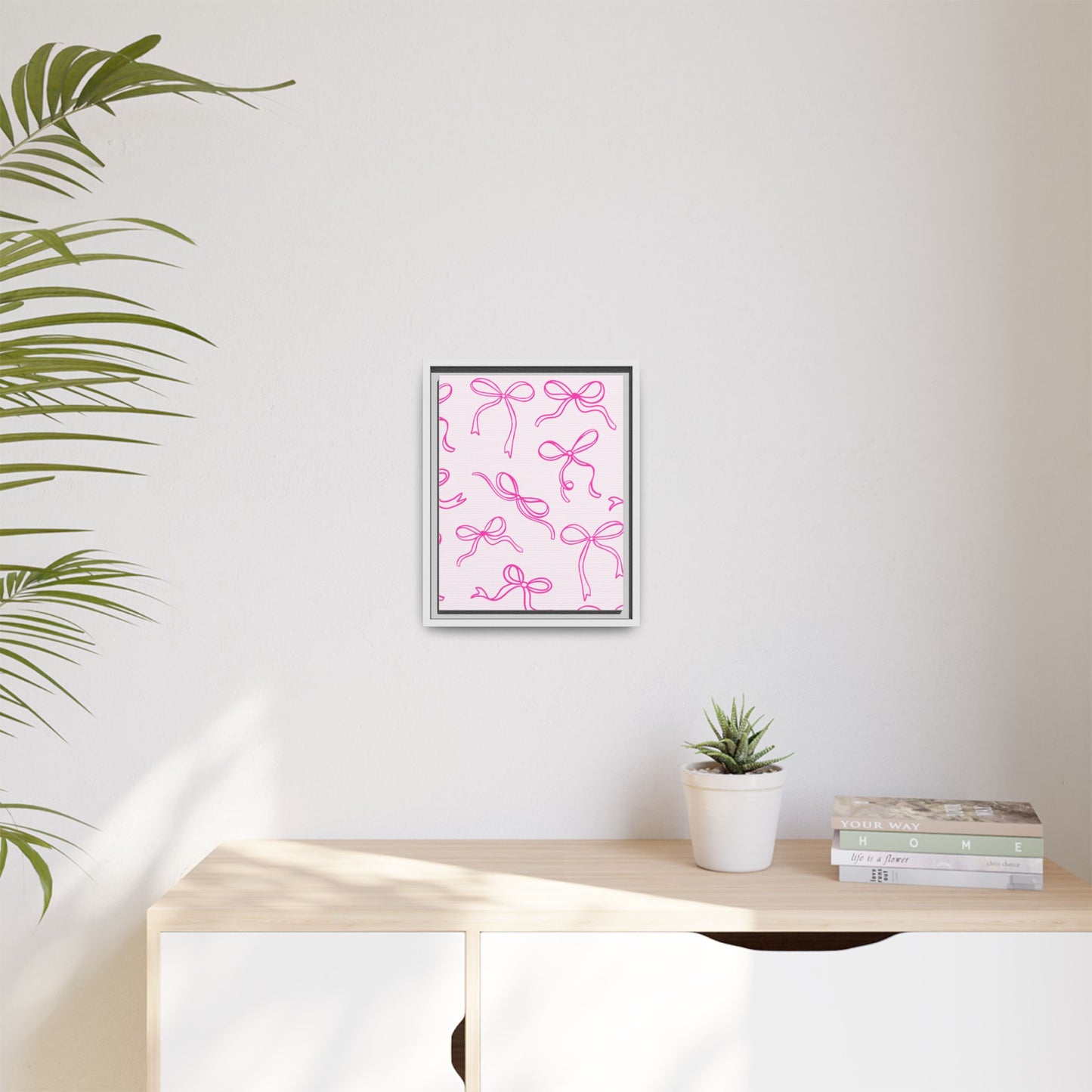 Framed Pink Bow Pattern Matte Canvas — Bathroom/Bedroom Wall Art