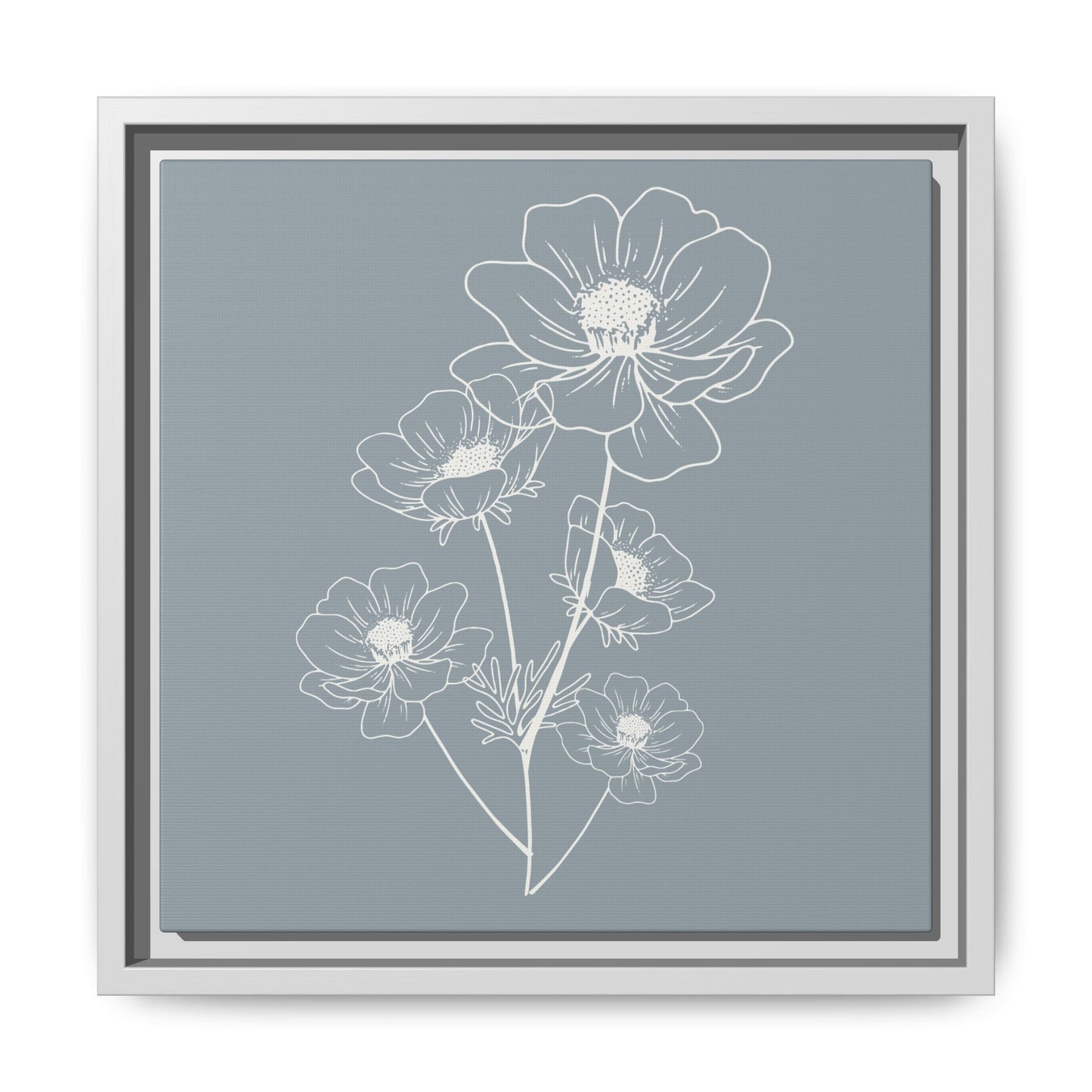 Framed Floral Line Art Matte Canvas Print Gray Azure - Vertical layout