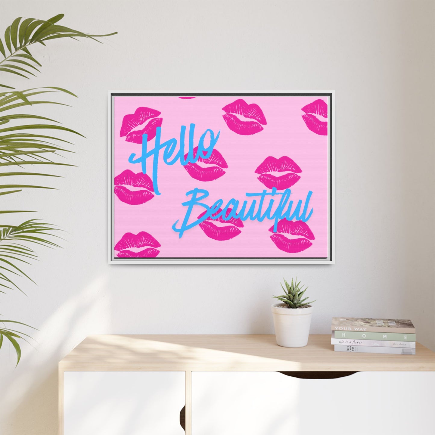 Hello Beautiful Framed Canvas Print — Pink Lipstick Pop Art Wall Decor
