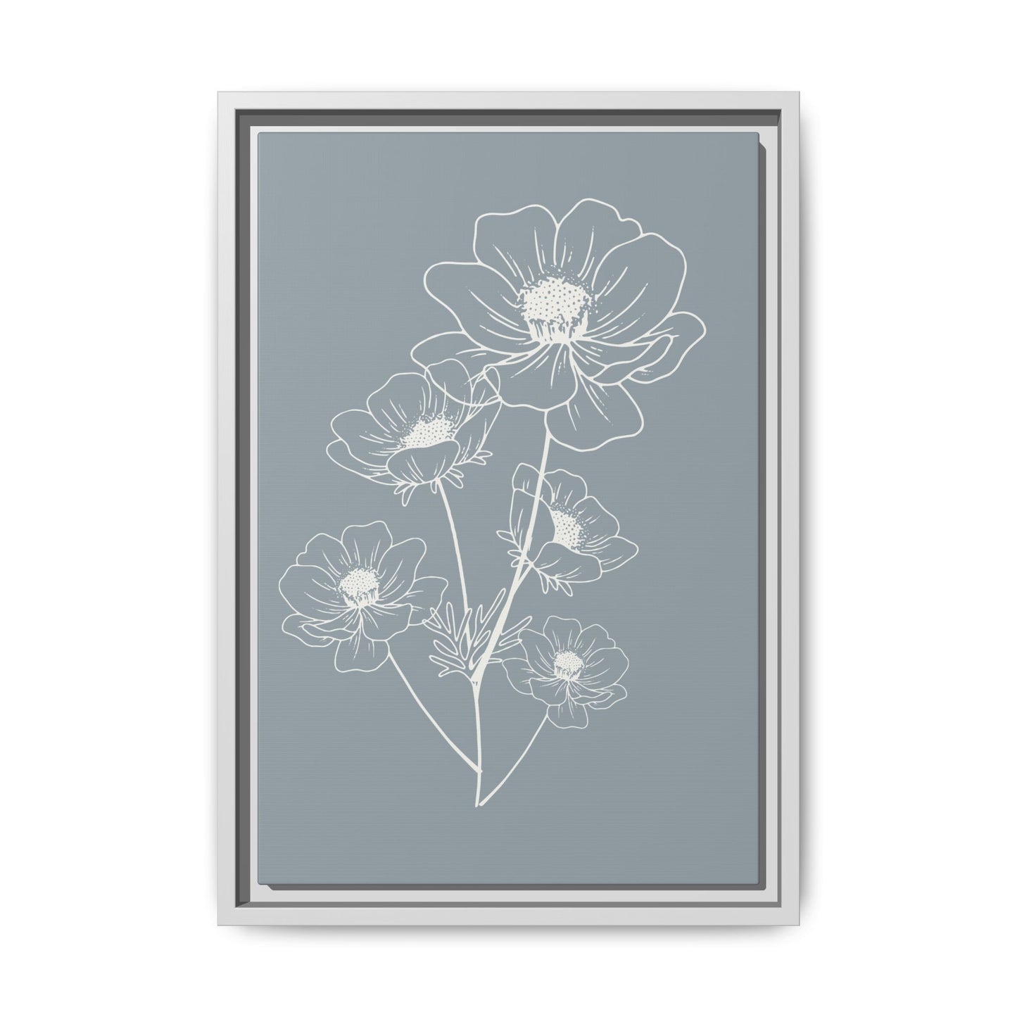 Framed Floral Line Art Matte Canvas Print Gray Azure - Vertical layout