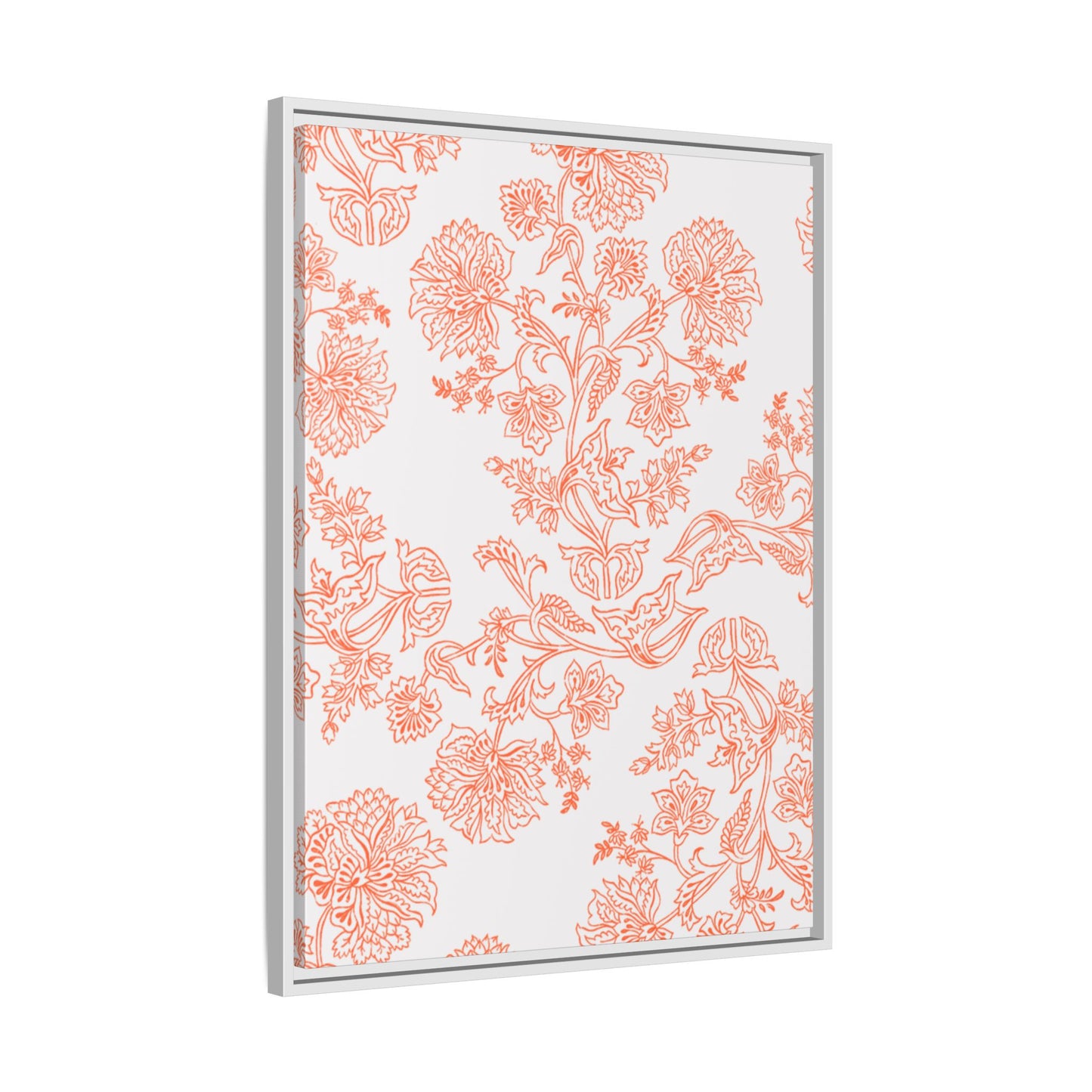 Orange Floral Matte Canvas, White Wooden Framed, Bathroom Decor, Matching Shower Curtain Available, Coral/orange