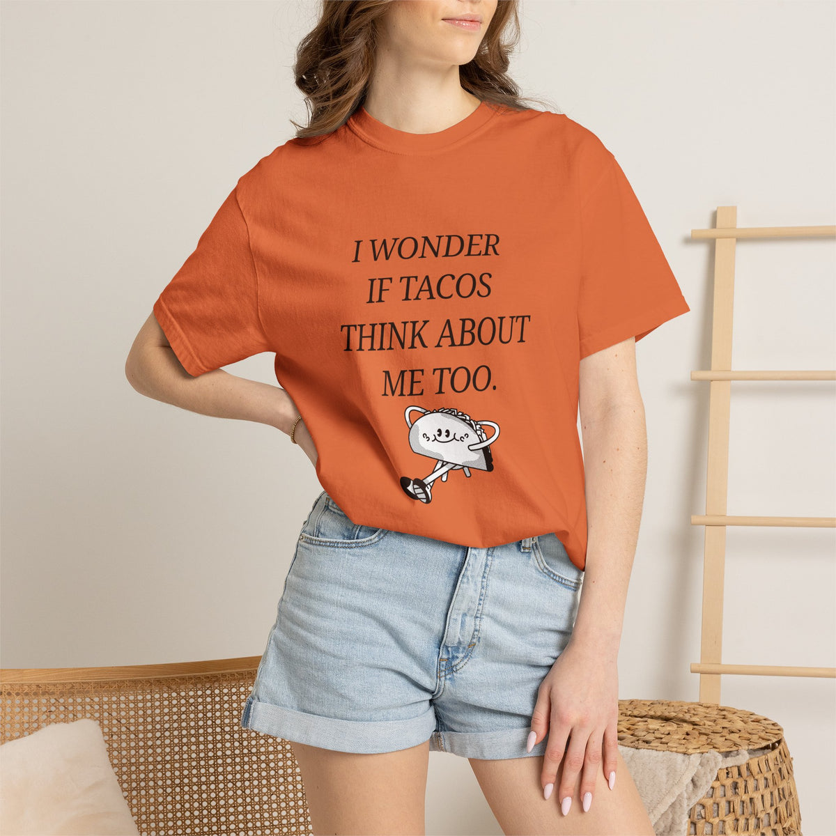 "I Wonder If Tacos Think About Me Too" Funny Taco Graphic Tee