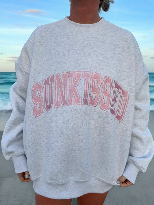 Pearl Grey with Pink Thread Sunkissed Varsity Embroider Sweatshirt
