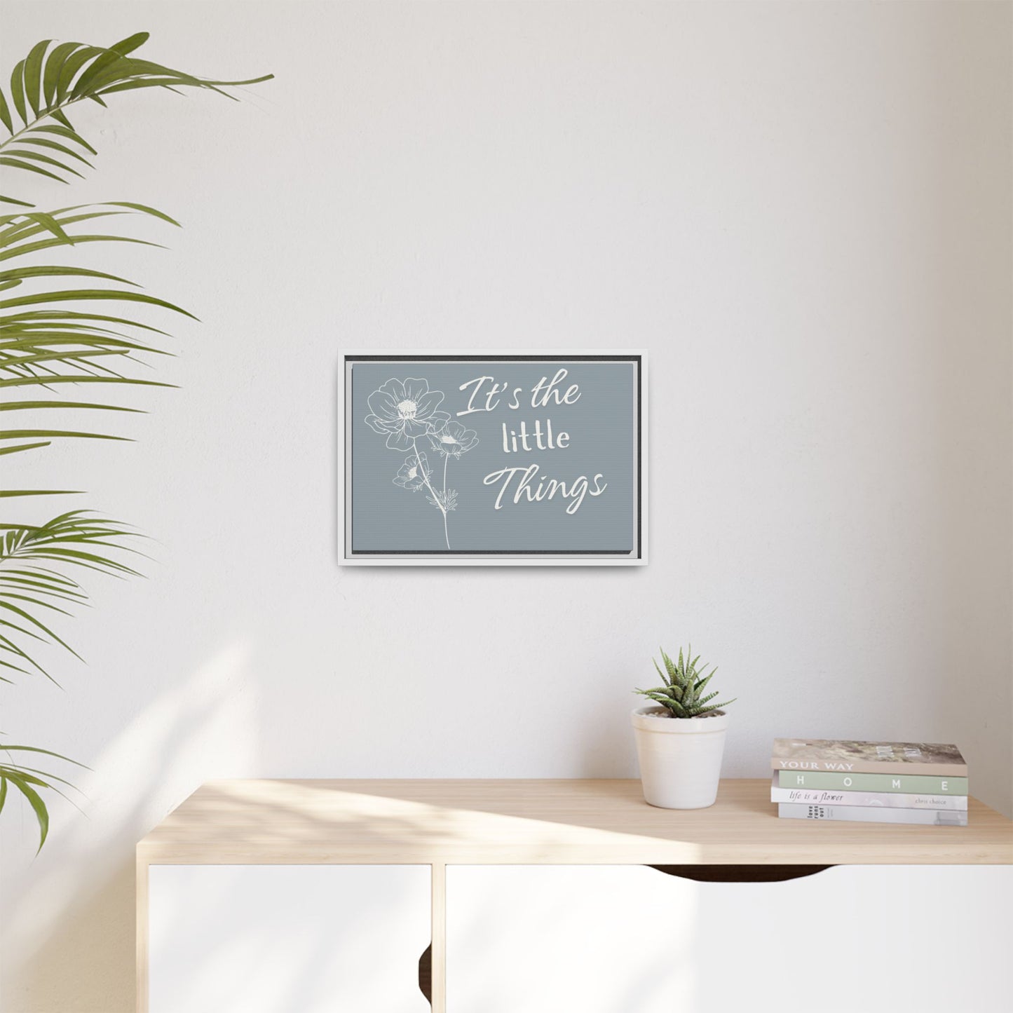 Framed Matte Canvas Wall Art - "It's the Little Things" Floral Print - Gray Azure