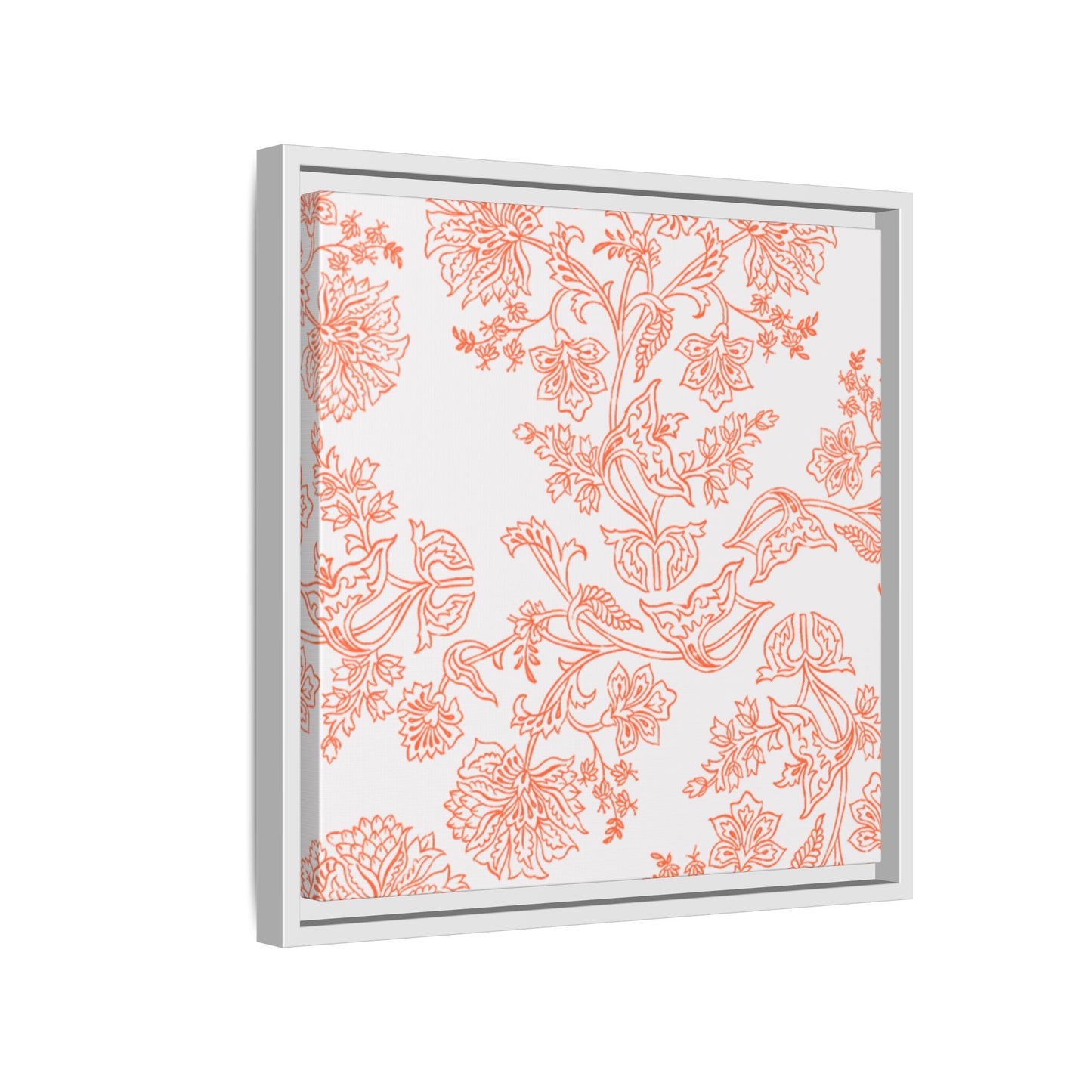 Orange Floral Matte Canvas, White Wooden Framed, Bathroom Decor, Matching Shower Curtain Available, Coral/orange