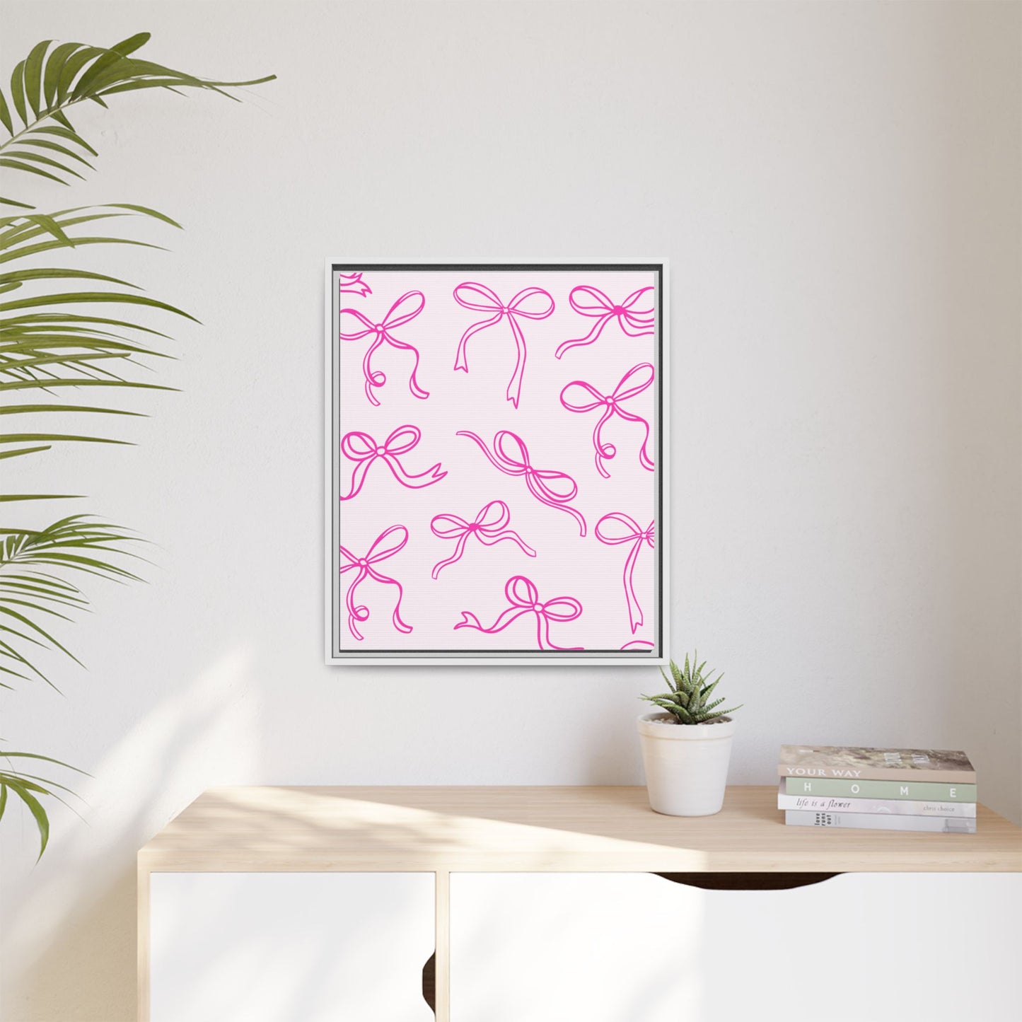 Framed Pink Bow Pattern Matte Canvas — Bathroom/Bedroom Wall Art