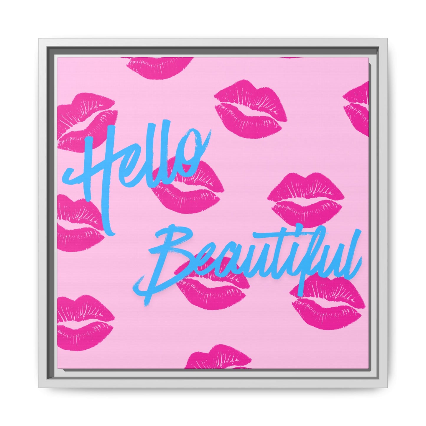 Hello Beautiful Framed Canvas Print — Pink Lipstick Pop Art Wall Decor