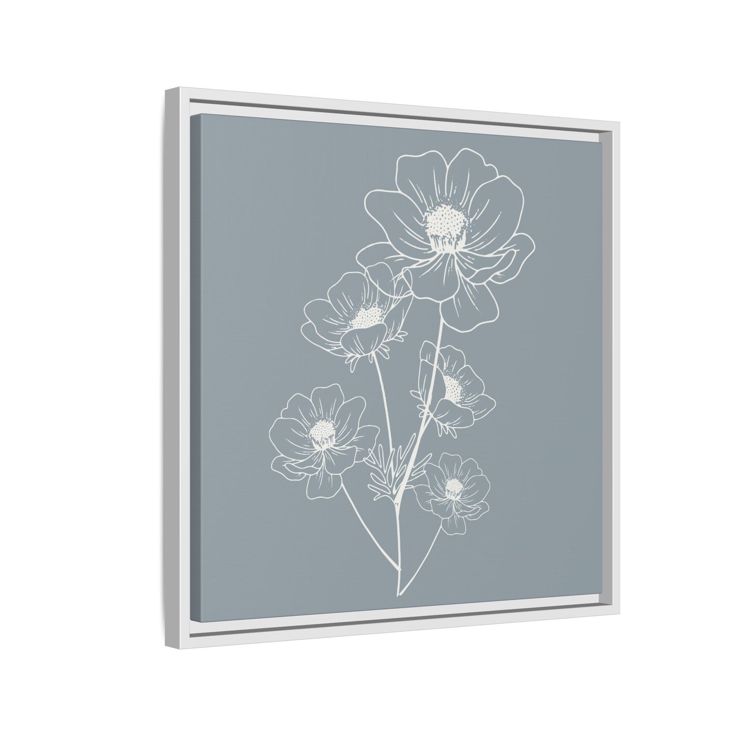 Framed Floral Line Art Matte Canvas Print Gray Azure - Vertical layout