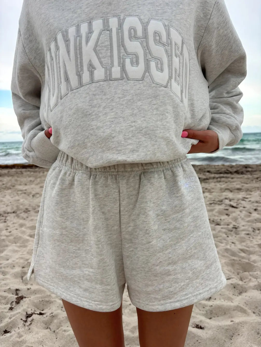 Pearl Grey Varsity Sunkissed Embroidered Mockneck Sweatshirt 100% Cotton