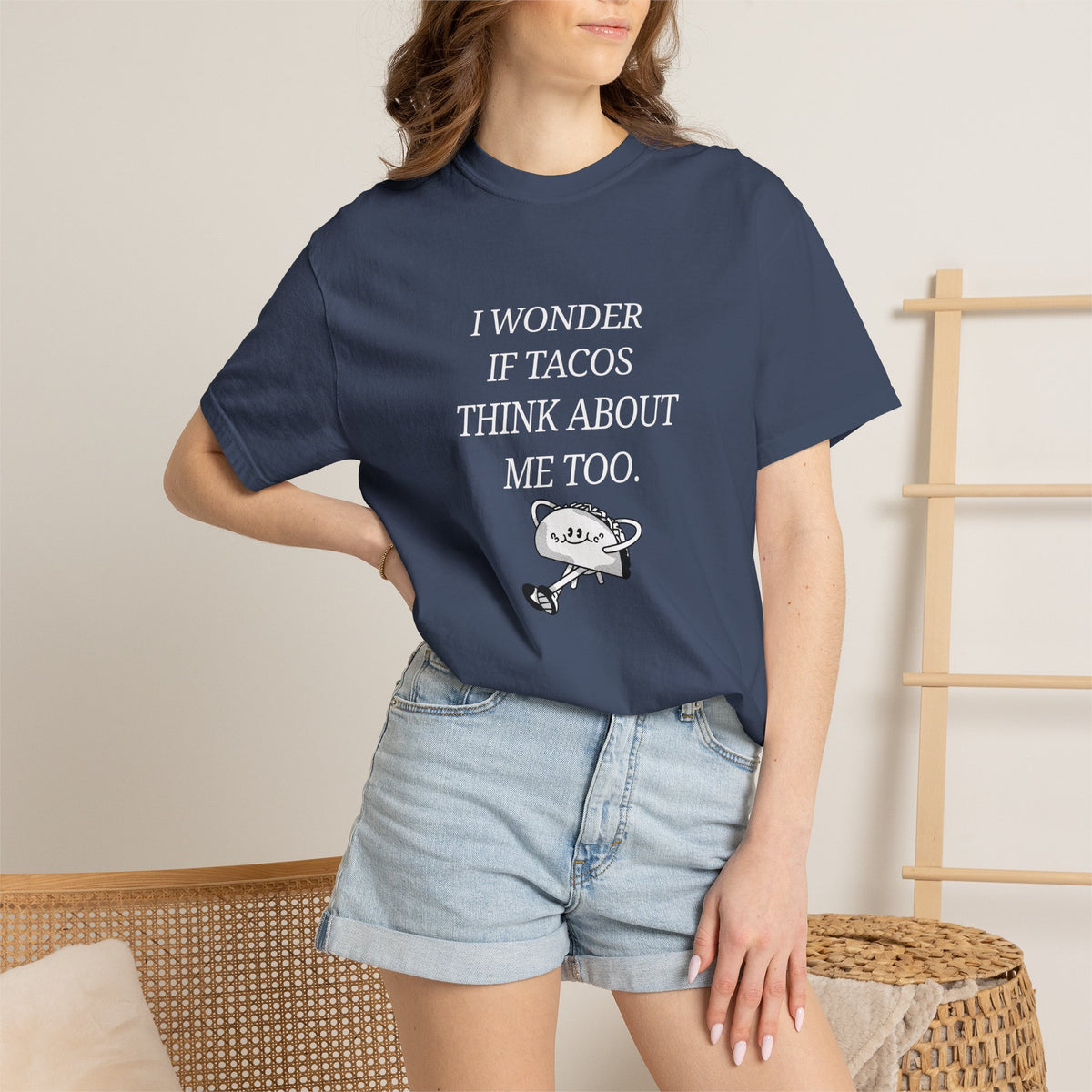 "I Wonder If Tacos Think About Me Too" Funny Taco Graphic Tee