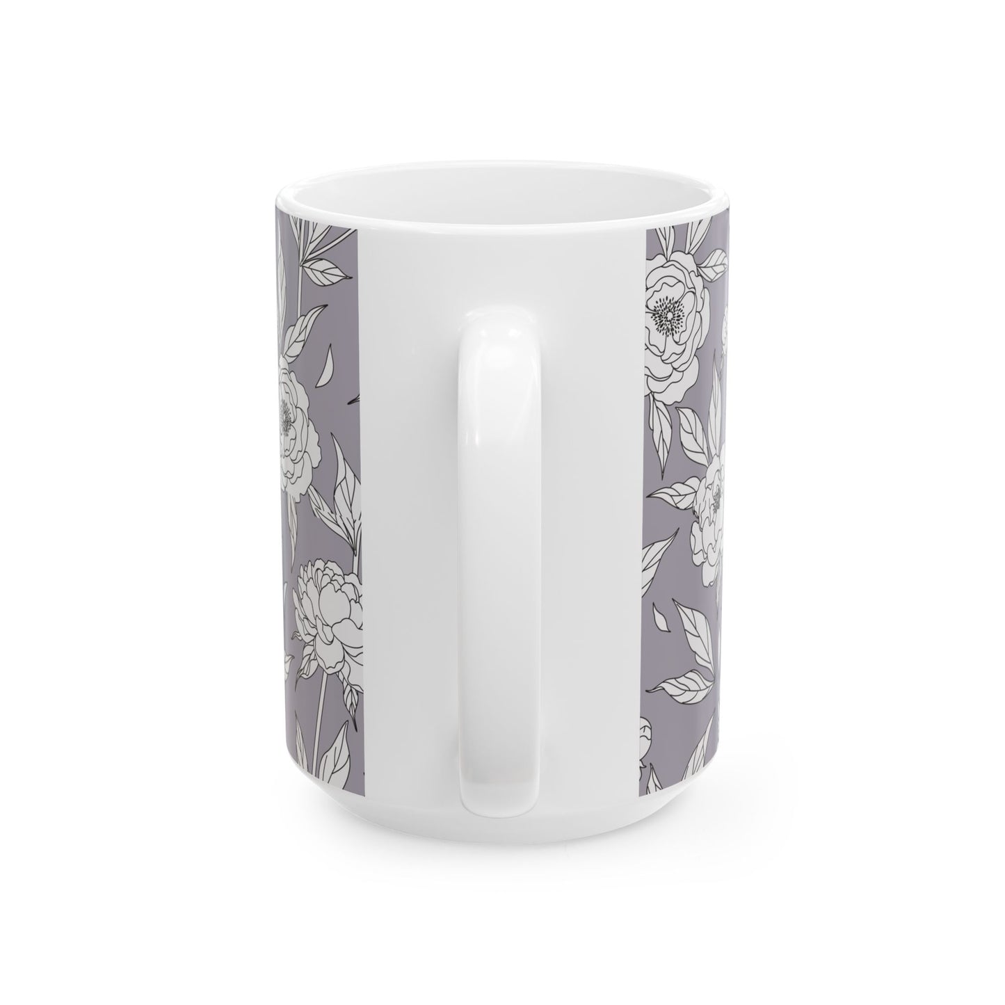 White Peony Lavender Gray Floral Pattern Mug | Ceramic Coffee Tea Mug 11oz 15oz