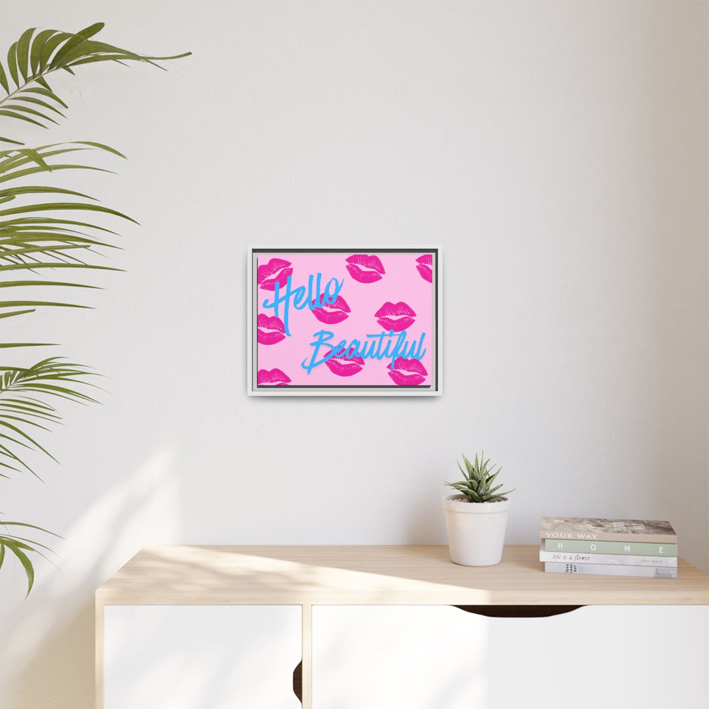 Hello Beautiful Framed Canvas Print — Pink Lipstick Pop Art Wall Decor