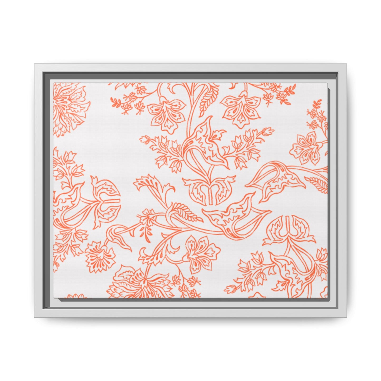 Orange Floral Matte Canvas, White Wooden Framed, Bathroom Decor, Matching Shower Curtain Available, Coral/orange