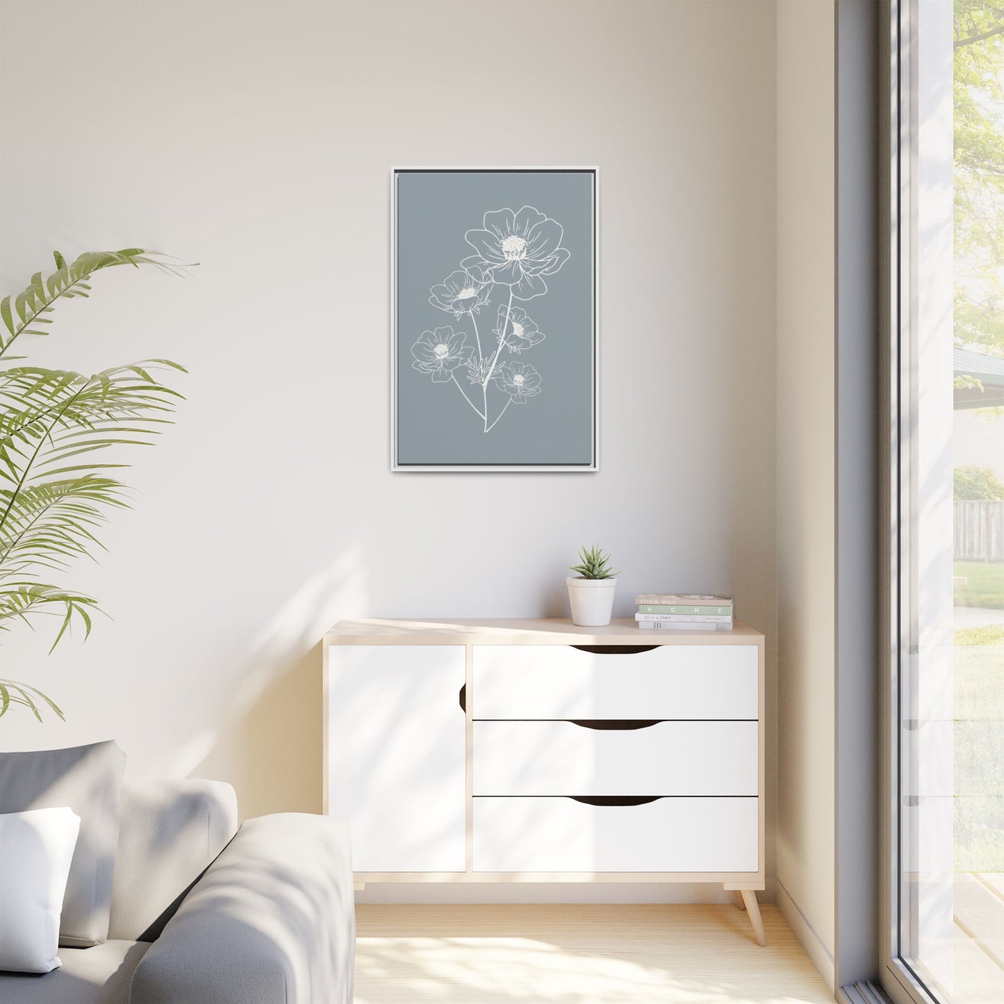 Framed Floral Line Art Matte Canvas Print Gray Azure - Vertical layout