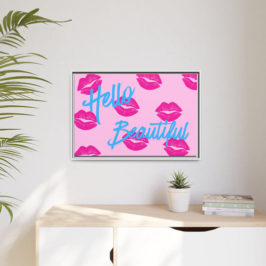 Hello Beautiful Framed Canvas Print — Pink Lipstick Pop Art Wall Decor