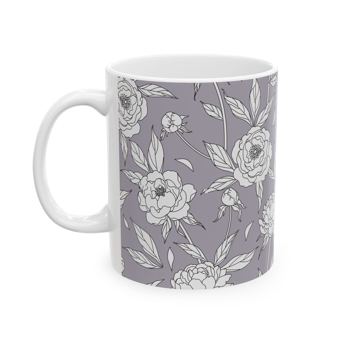 White Peony Lavender Gray Floral Pattern Mug | Ceramic Coffee Tea Mug 11oz 15oz