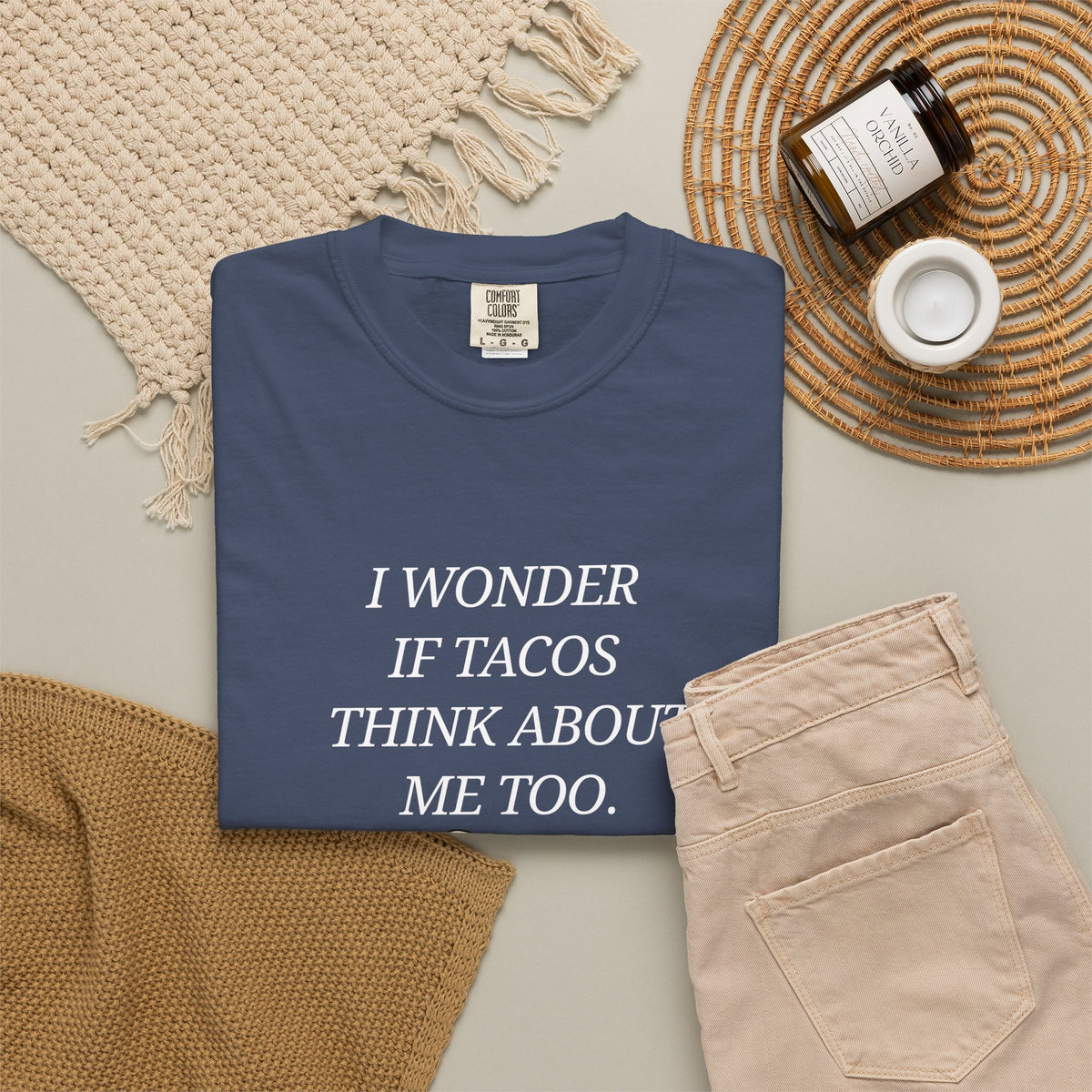 "I Wonder If Tacos Think About Me Too" Funny Taco Graphic Tee