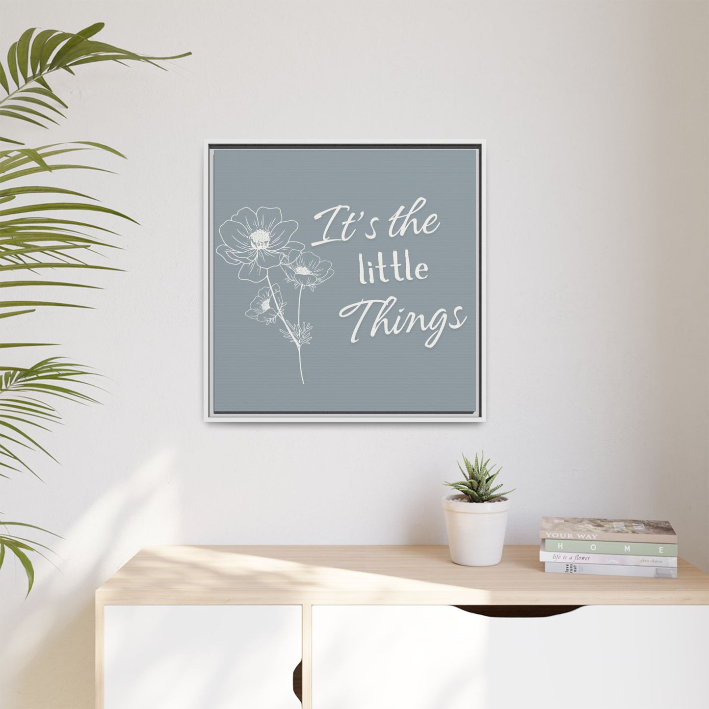 Framed Matte Canvas Wall Art - "It's the Little Things" Floral Print - Gray Azure