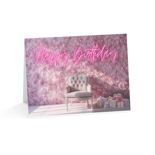 Happy Birthday Card – Pink Floral Chair Design (Single or Multipack)
