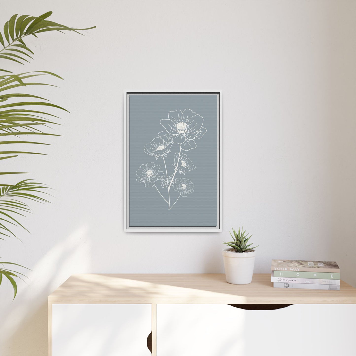Framed Floral Line Art Matte Canvas Print Gray Azure - Vertical layout