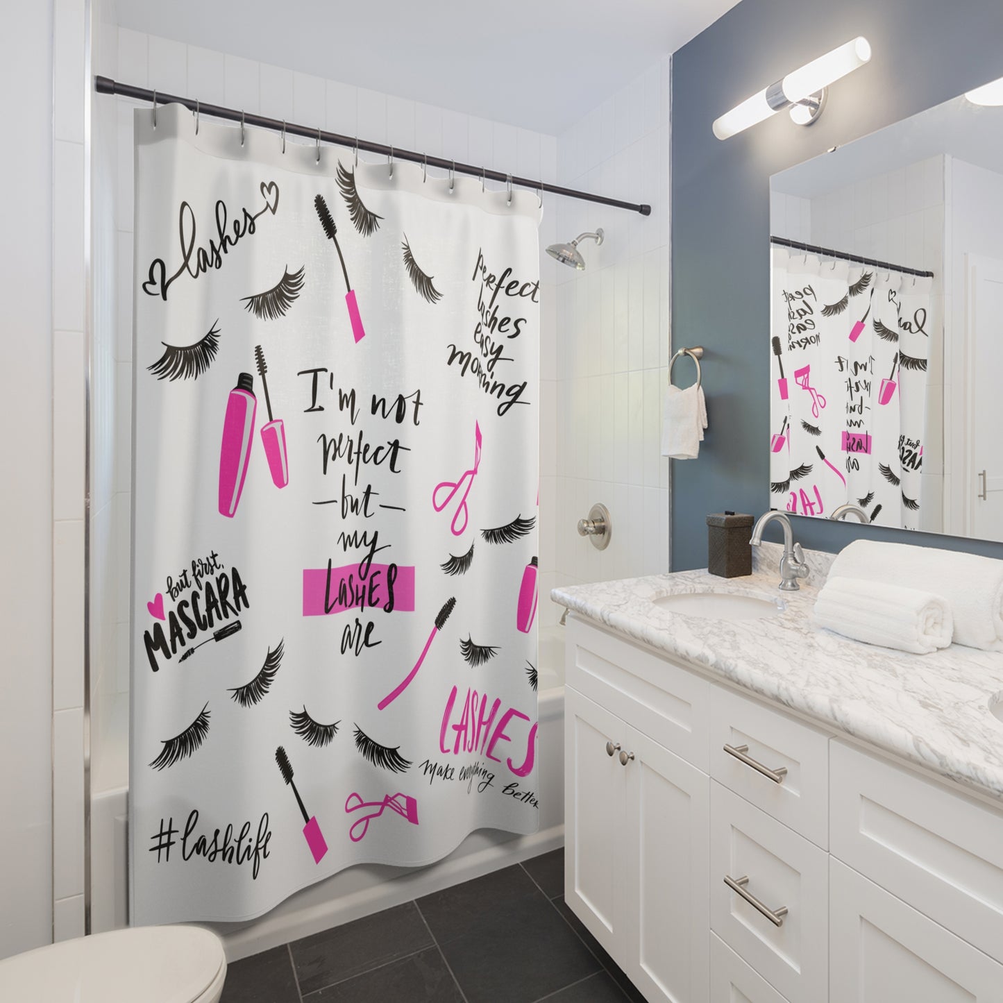 Lashes Shower Curtain – “I’m Not Perfect But My Lashes Are” Makeup Bath Decor