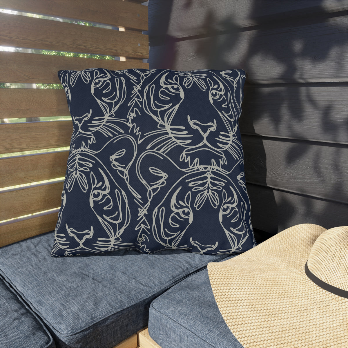 Navy Tiger Line Art Outdoor Pillow