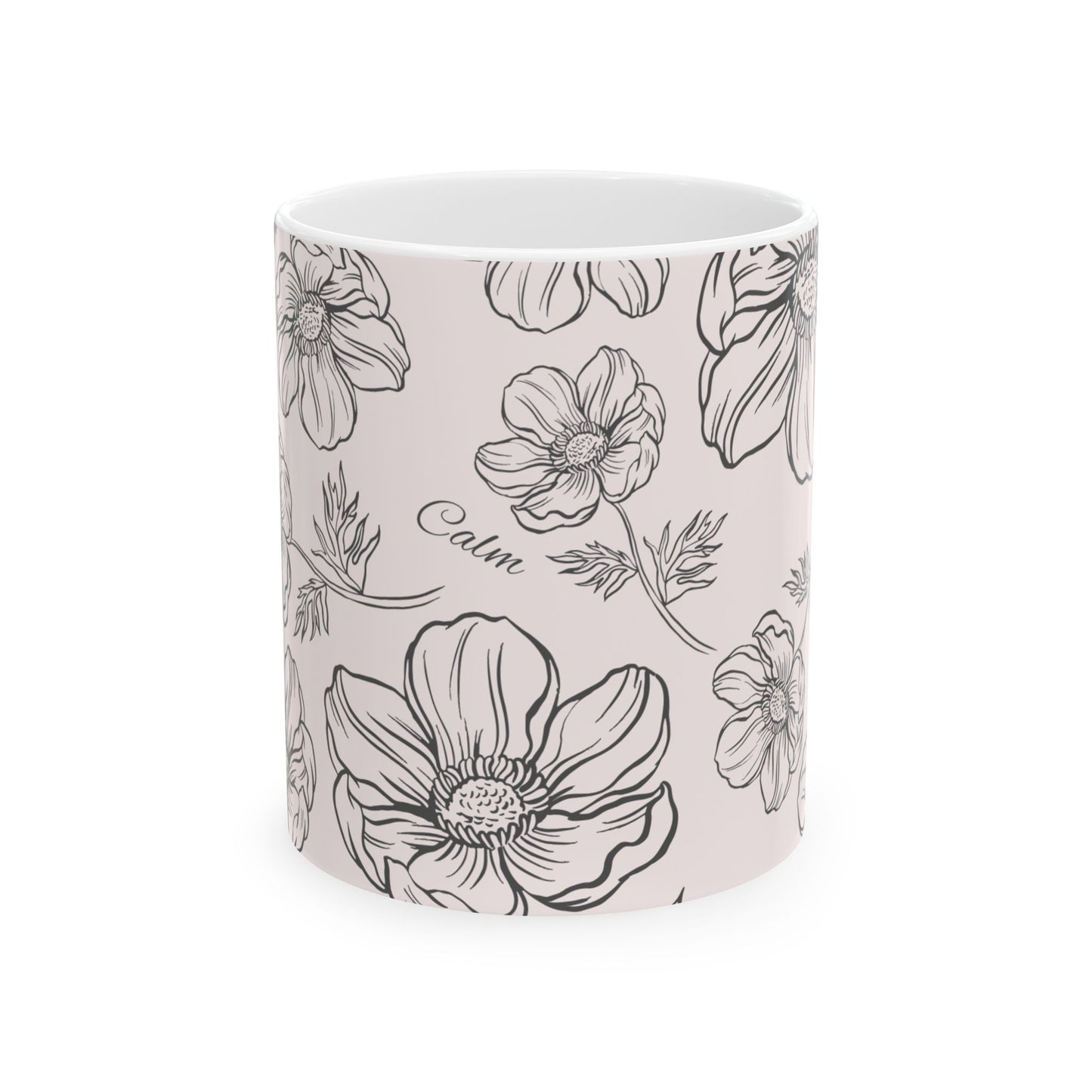 Floral "Calm" Ceramic Mug, Two sizes (11oz, 15oz), pale pink, coffee and tea cup