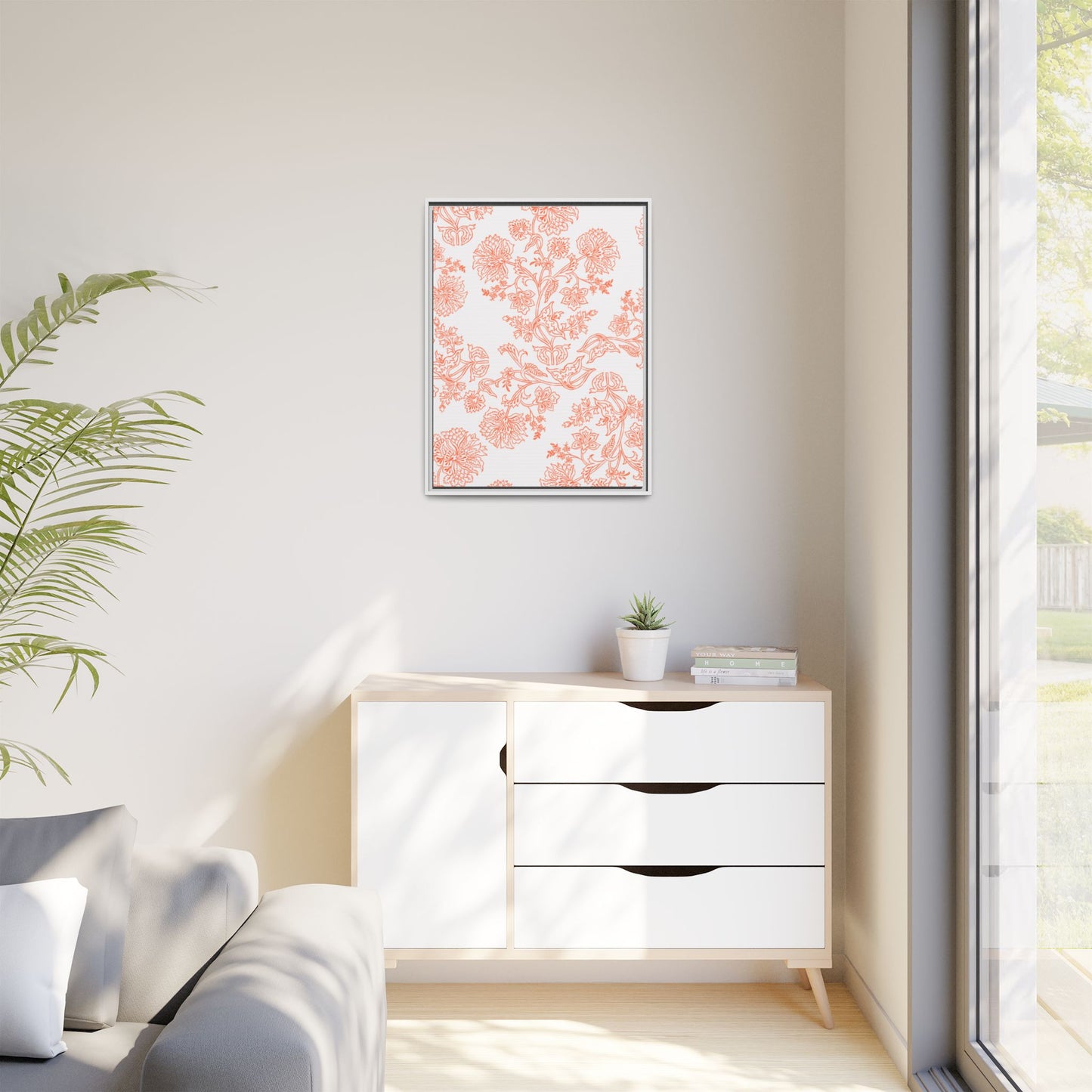 Orange Floral Matte Canvas, White Wooden Framed, Bathroom Decor, Matching Shower Curtain Available, Coral/orange