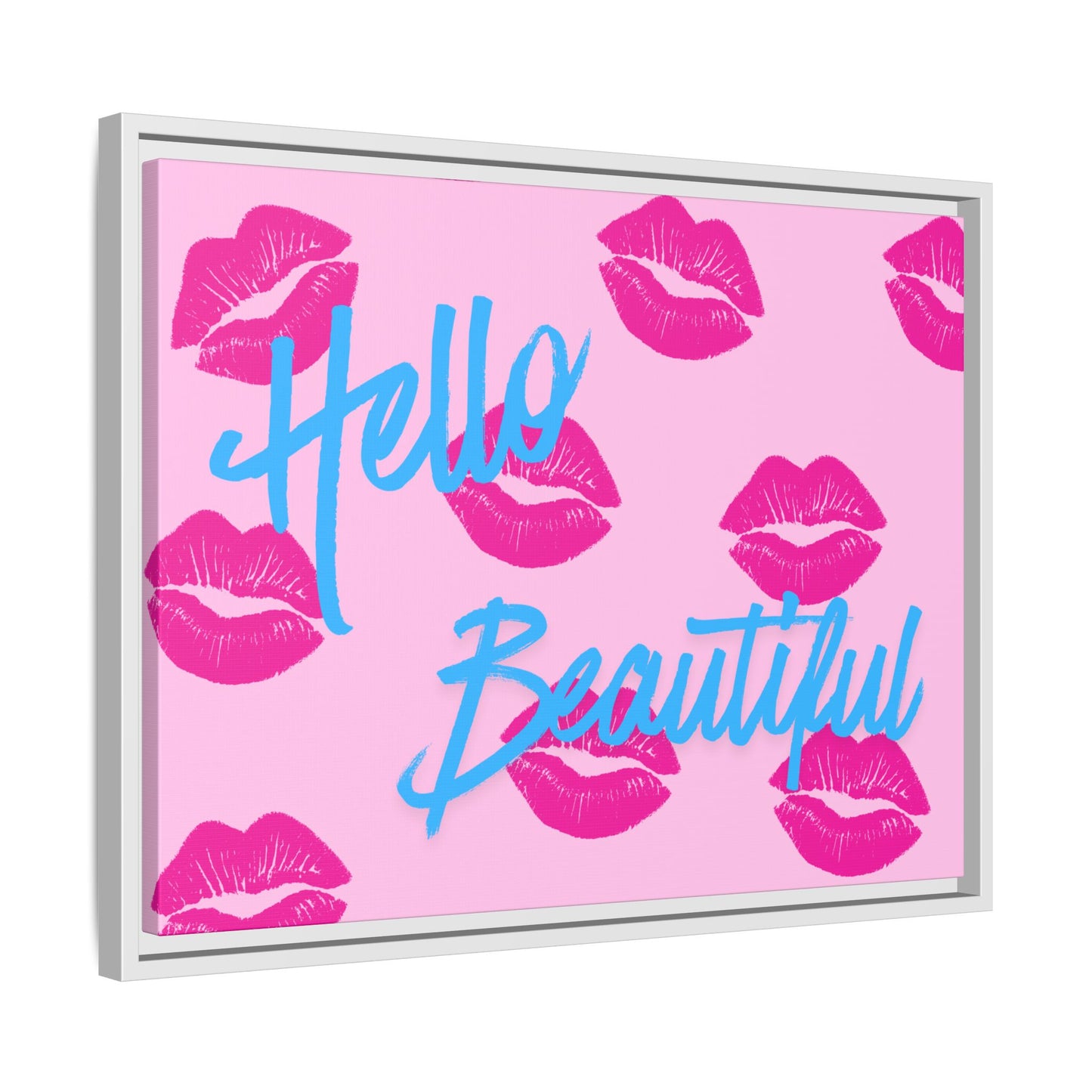 Hello Beautiful Framed Canvas Print — Pink Lipstick Pop Art Wall Decor