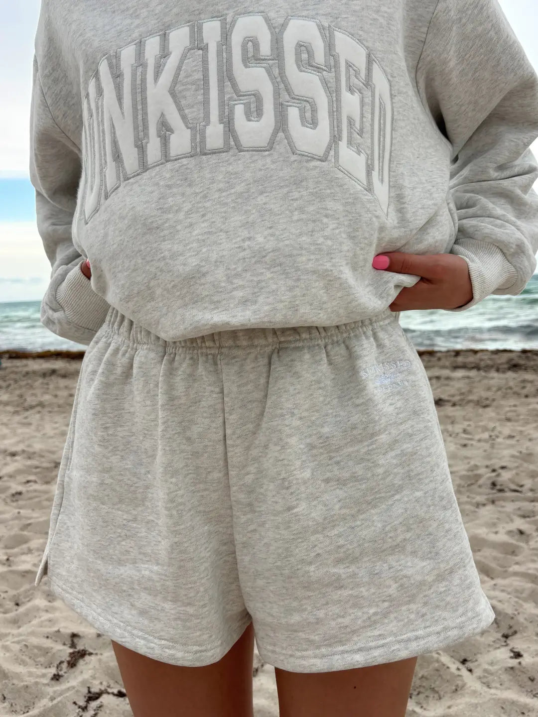 Pearl Grey Varsity Sunkissed Embroidered Mockneck Sweatshirt 100% Cotton