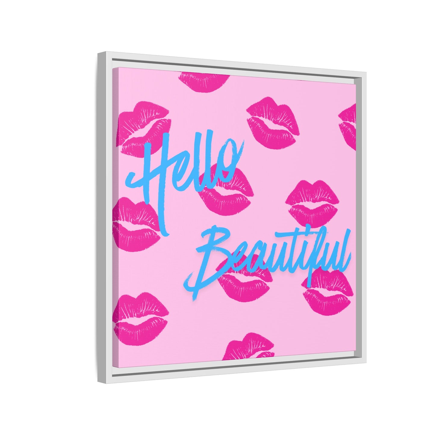 Hello Beautiful Framed Canvas Print — Pink Lipstick Pop Art Wall Decor