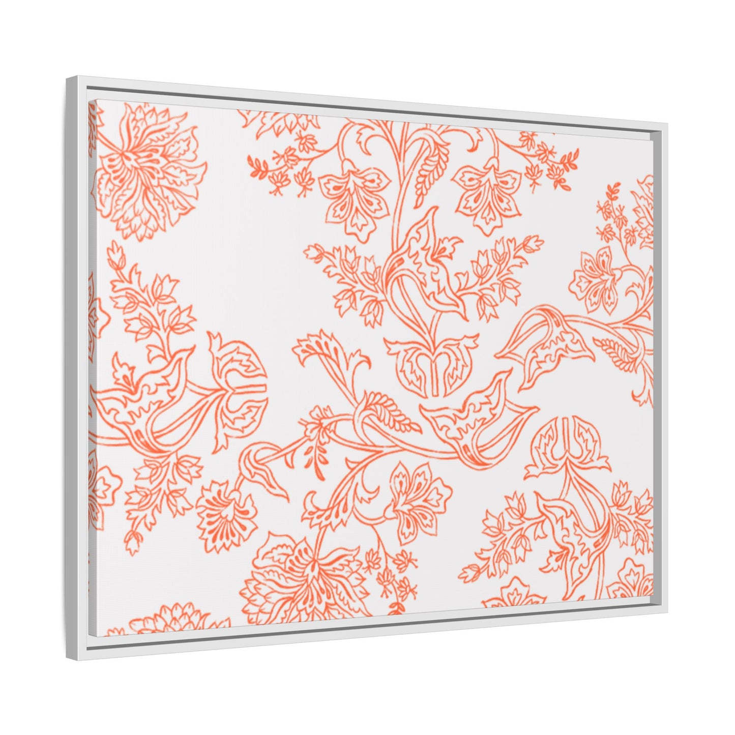 Orange Floral Matte Canvas, White Wooden Framed, Bathroom Decor, Matching Shower Curtain Available, Coral/orange