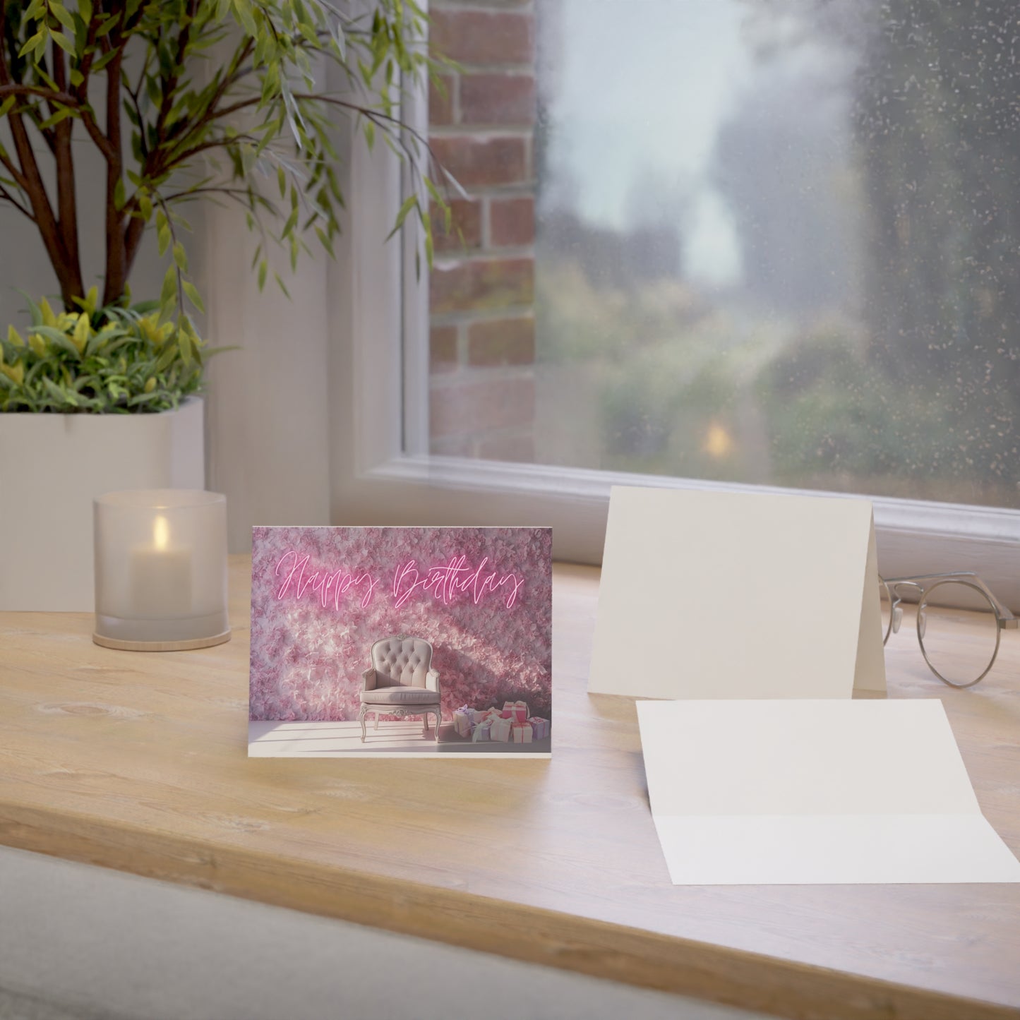 Happy Birthday Card – Pink Floral Chair Design (Single or Multipack)