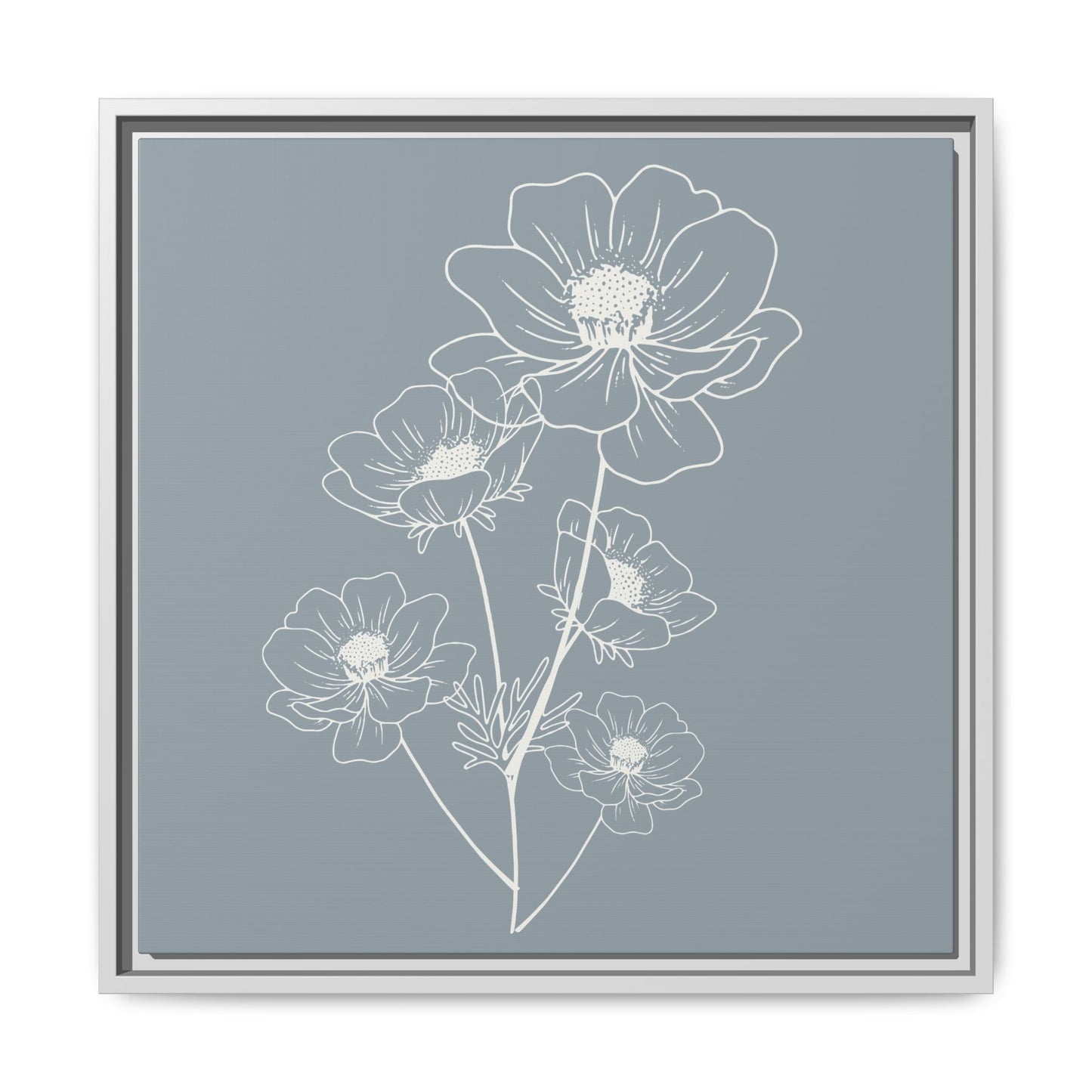 Framed Floral Line Art Matte Canvas Print Gray Azure - Vertical layout