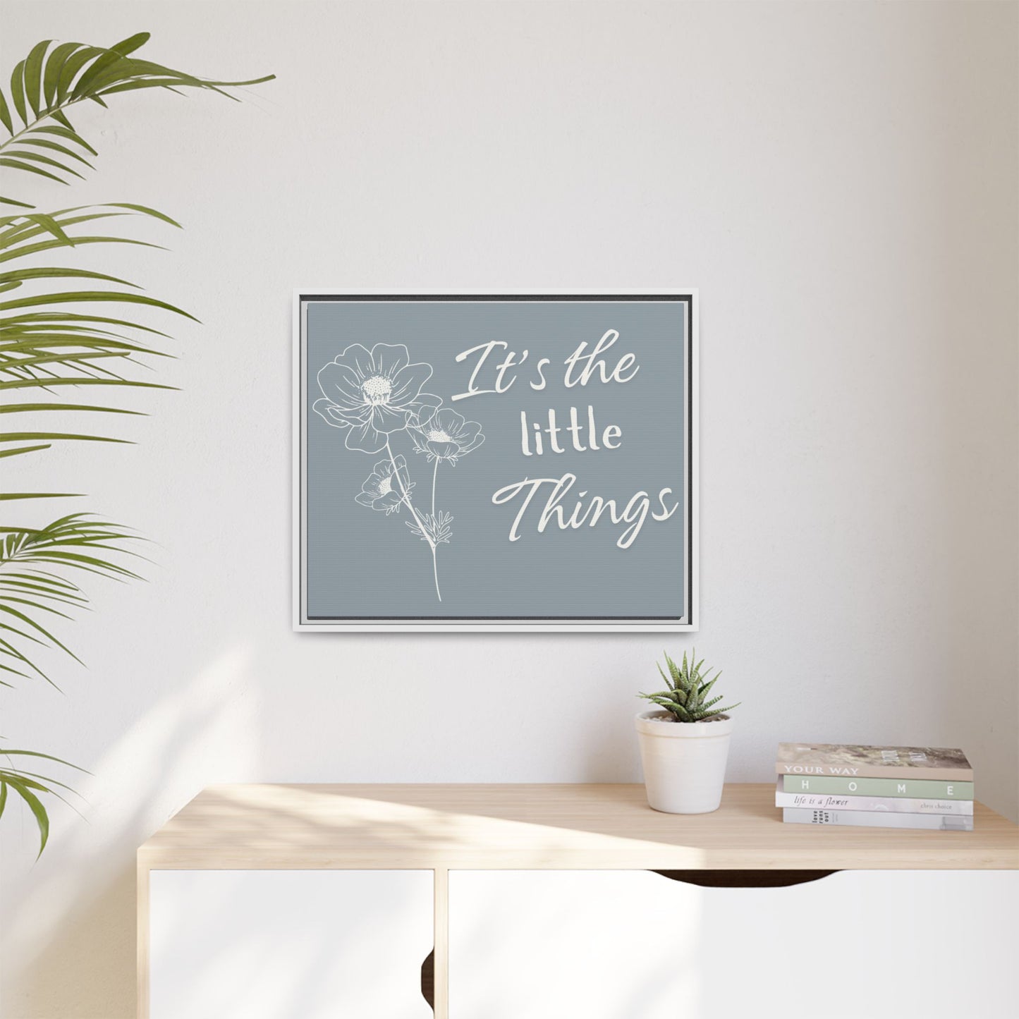 Framed Matte Canvas Wall Art - "It's the Little Things" Floral Print - Gray Azure