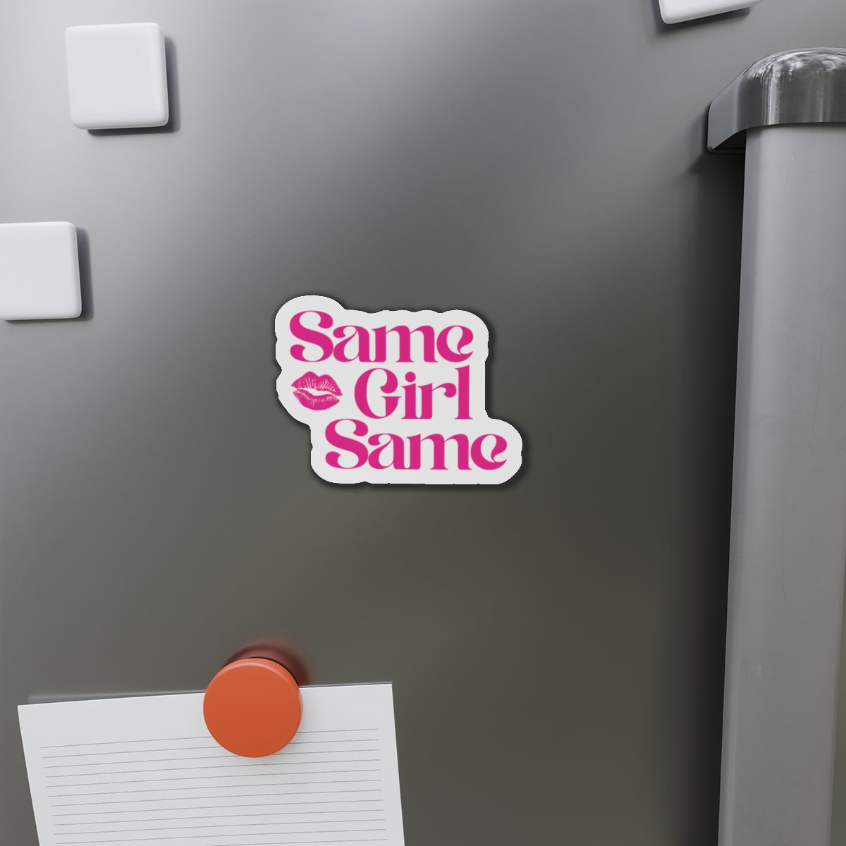 Die-Cut Magnet — "Same Girl Same" Pink Retro Lip Graphic