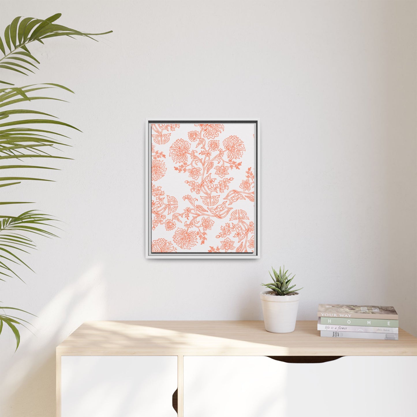 Orange Floral Matte Canvas, White Wooden Framed, Bathroom Decor, Matching Shower Curtain Available, Coral/orange