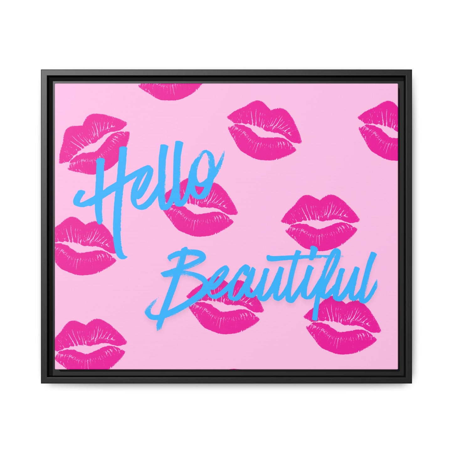 Hello Beautiful Framed Canvas Print — Pink Lipstick Pop Art Wall Decor