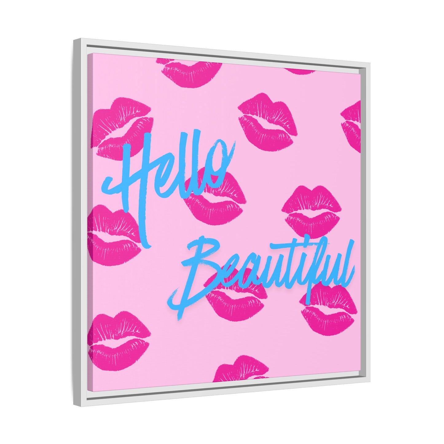 Hello Beautiful Framed Canvas Print — Pink Lipstick Pop Art Wall Decor