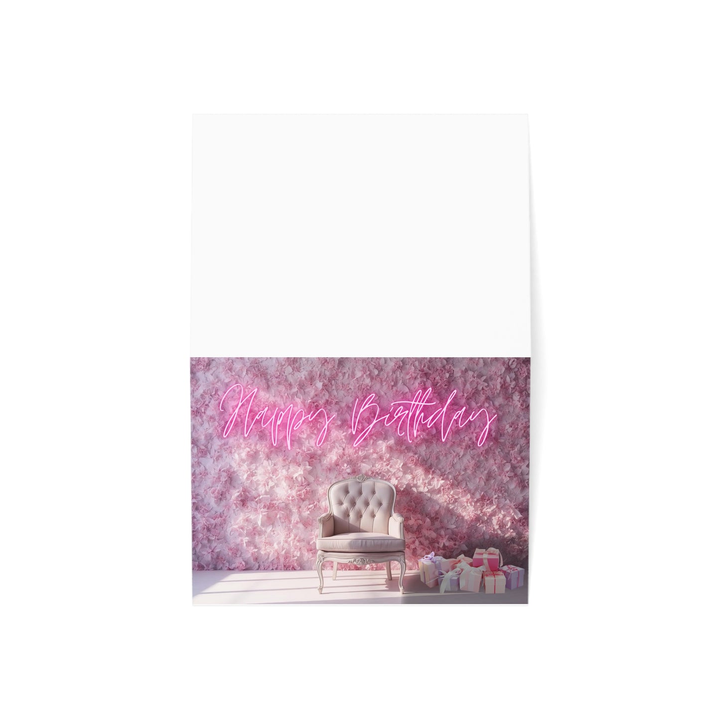 Happy Birthday Card – Pink Floral Chair Design (Single or Multipack)
