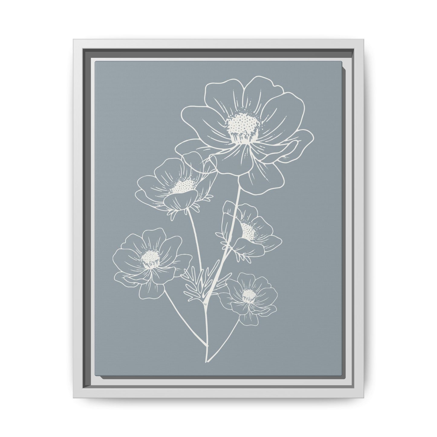 Framed Floral Line Art Matte Canvas Print Gray Azure - Vertical layout