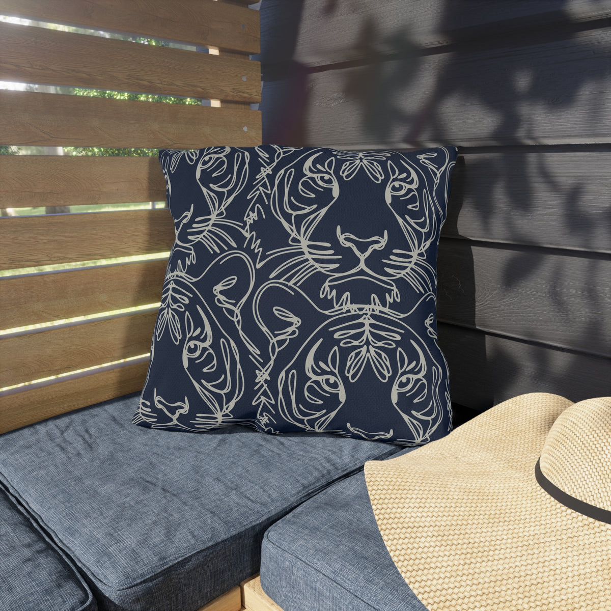 Navy Tiger Line Art Outdoor Pillow