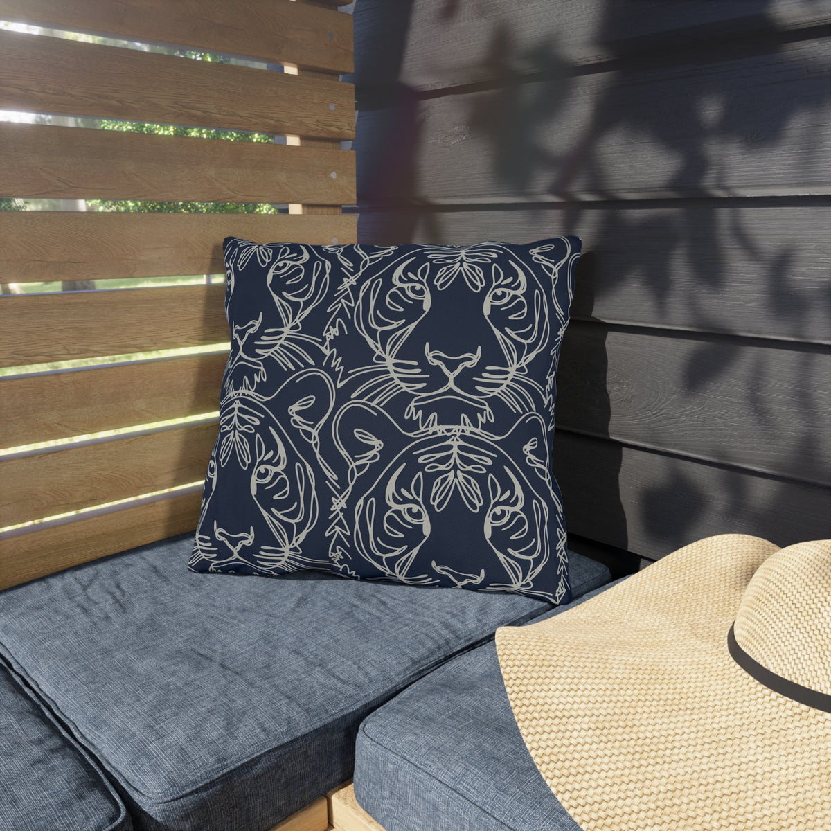 Navy Tiger Line Art Outdoor Pillow