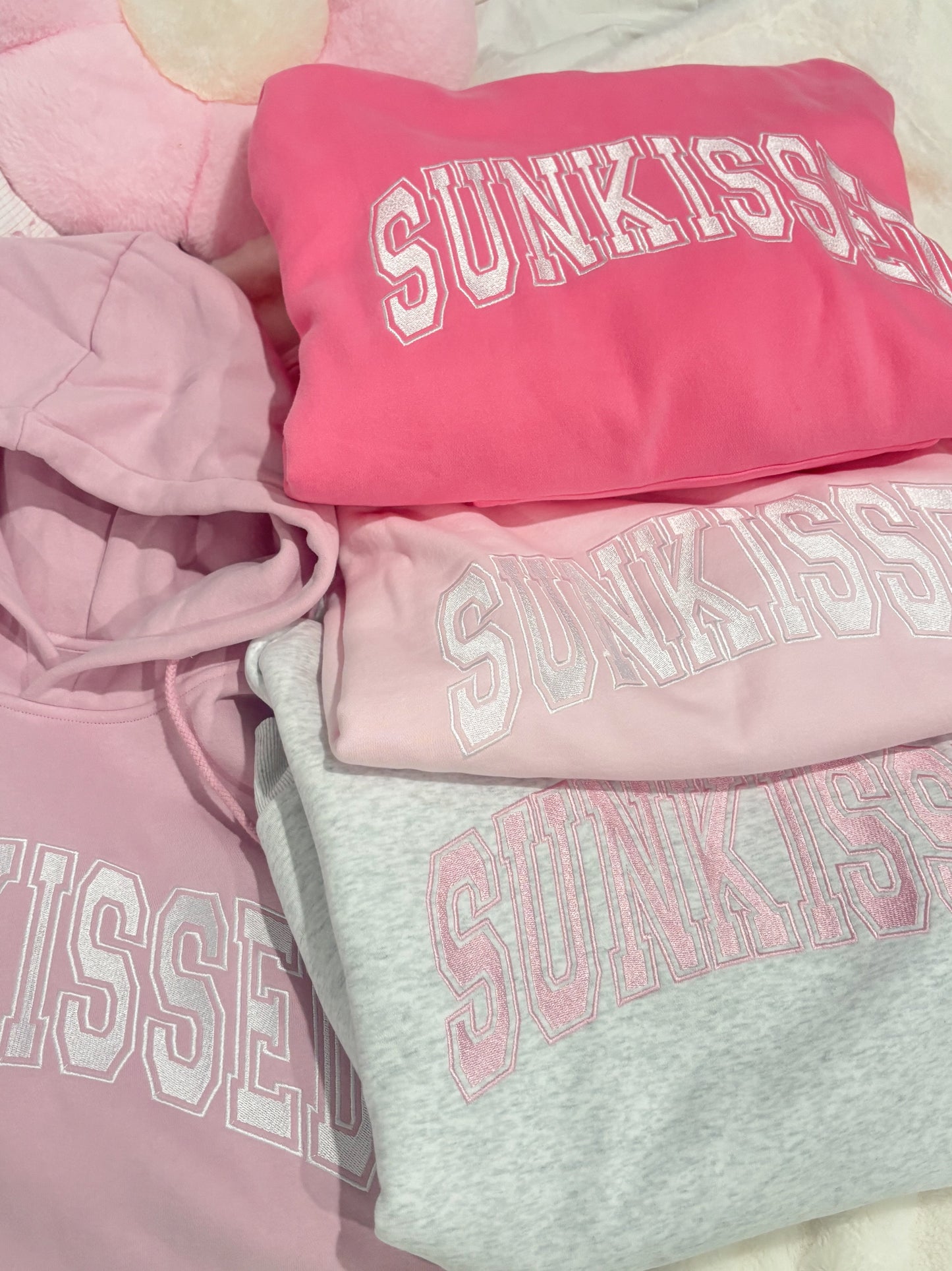 Pearl Grey with Pink Thread Sunkissed Varsity Embroider Sweatshirt