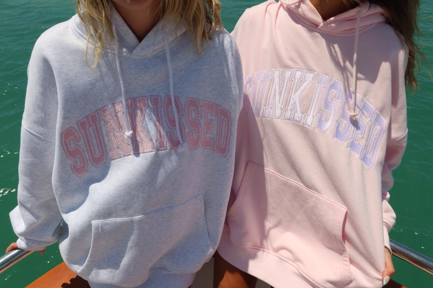 Pearl Grey with Pink Thread Sunkissed Varsity Embroider Hoodie