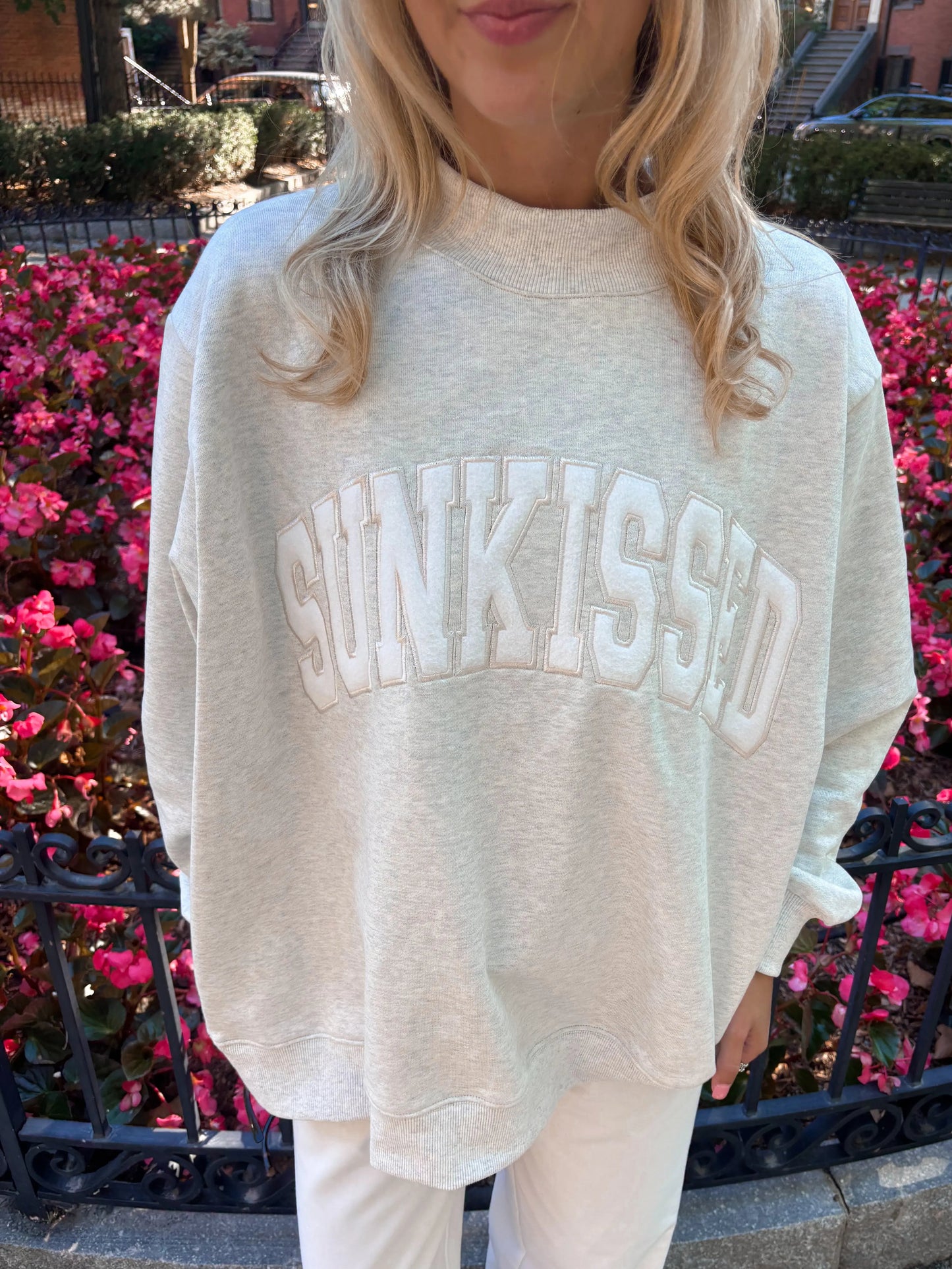 Oat Milk Grey Varsity Sunkissed Embroidered Mockneck Sweatshirt 100% Cotton