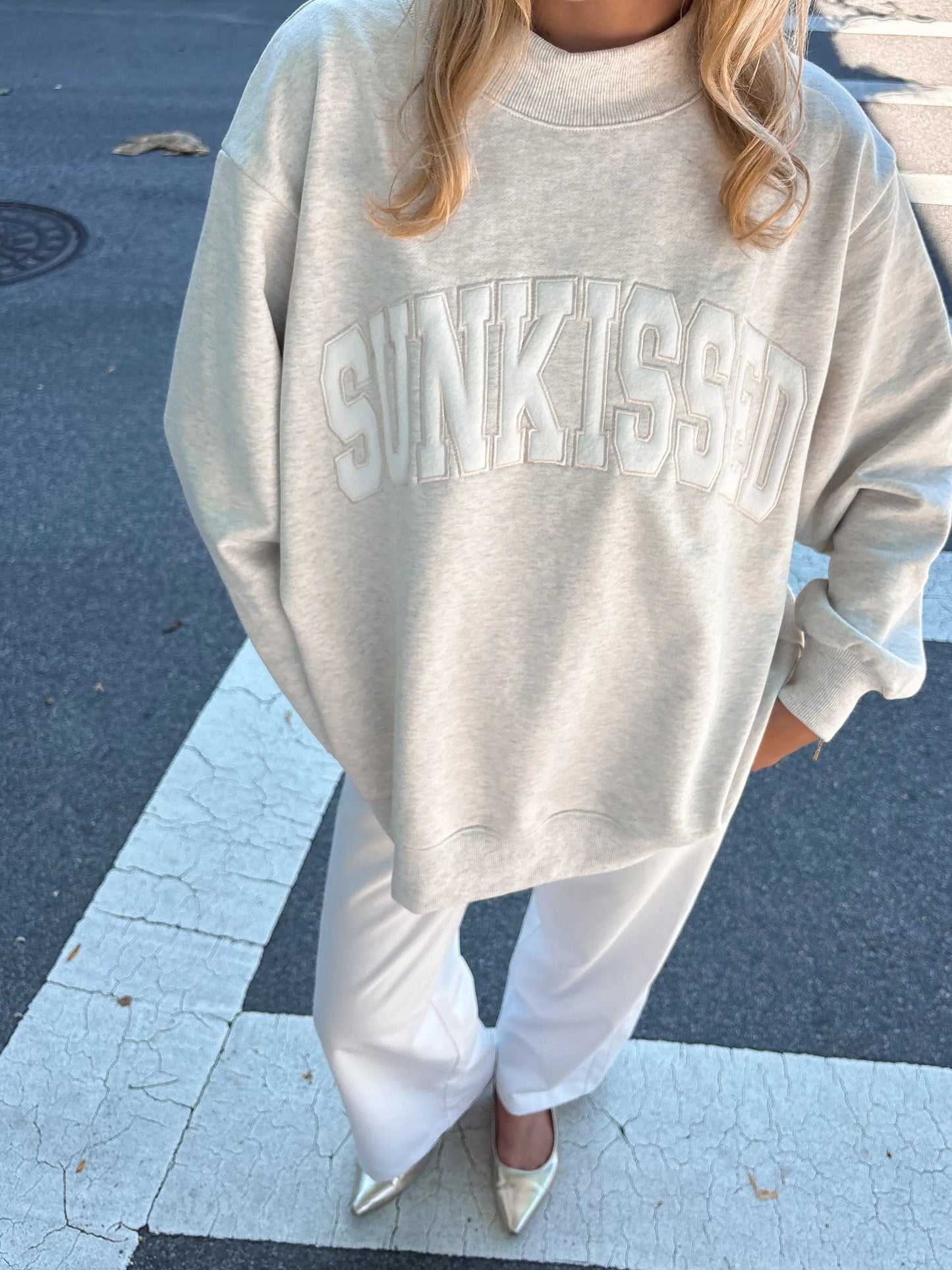 Oat Milk Grey Varsity Sunkissed Embroidered Mockneck Sweatshirt 100% Cotton