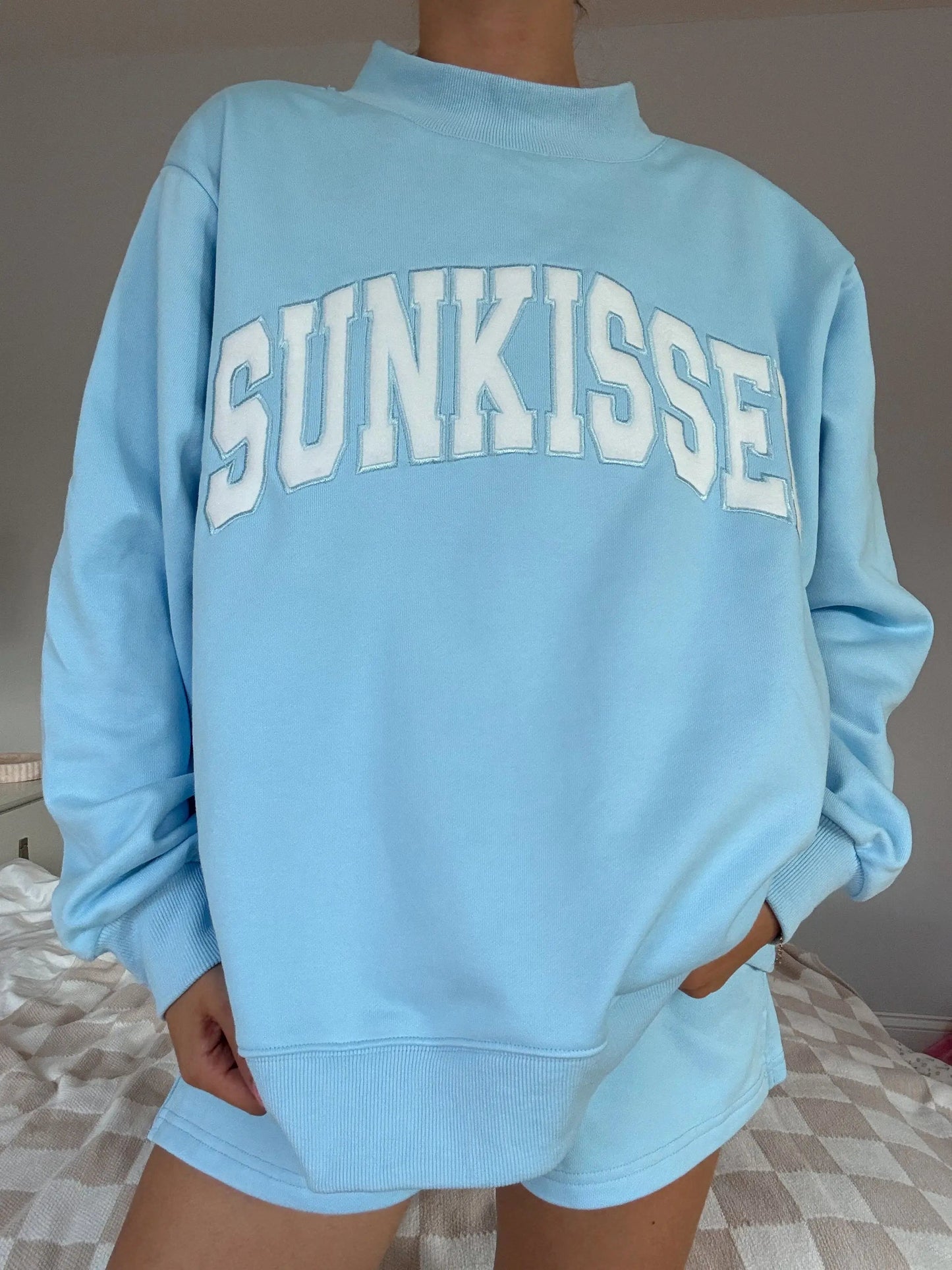 Berry Blue Varsity Sunkissed Embroidered Mockneck Sweatshirt 100% Cotton